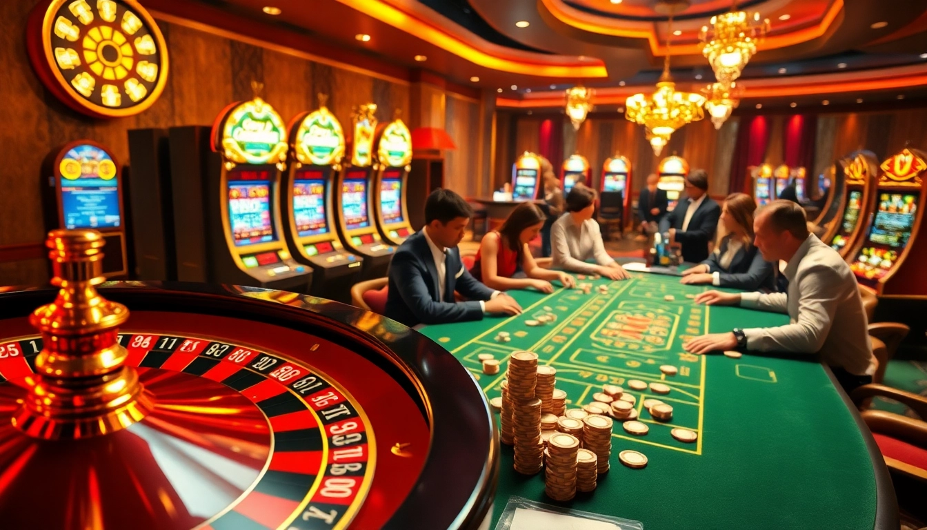 Experience exciting gameplay at https://jbo.center/ with a luxurious casino atmosphere featuring a poker table and spinning roulette wheel.