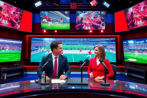 Engaging scene of Sports Broadcasting hosts discussing live sports events in a vibrant studio setting.