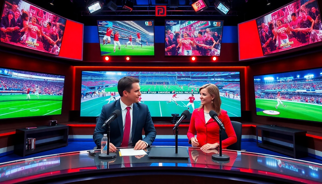 Engaging scene of Sports Broadcasting hosts discussing live sports events in a vibrant studio setting.