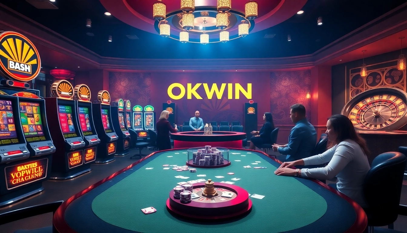 Players enjoying poker and slot machines at an upscale casino themed around OKWIN.
