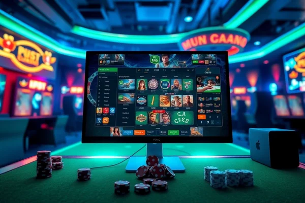 Dynamic gaming interface of nhà cái PS99, showcasing a modern online casino environment with sports displays and vibrant colors.