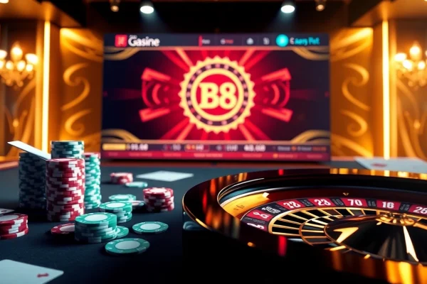 Exciting online gaming scene featuring loto188.gb.net logo with poker chips and roulette wheel.