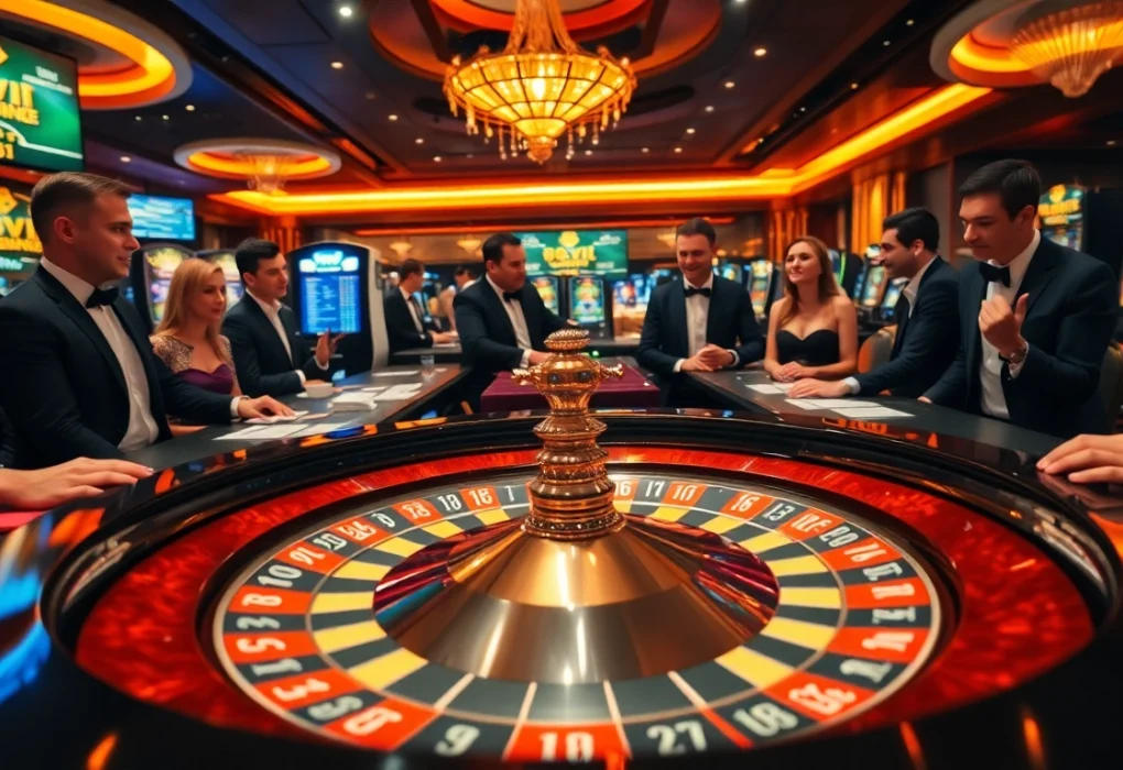 Exciting gambling scene featuring 68VIP roulette wheel and enthusiastic players in a luxurious casino.