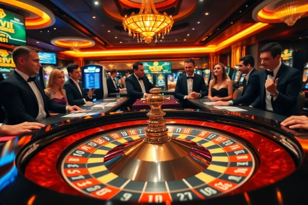 Exciting gambling scene featuring 68VIP roulette wheel and enthusiastic players in a luxurious casino.