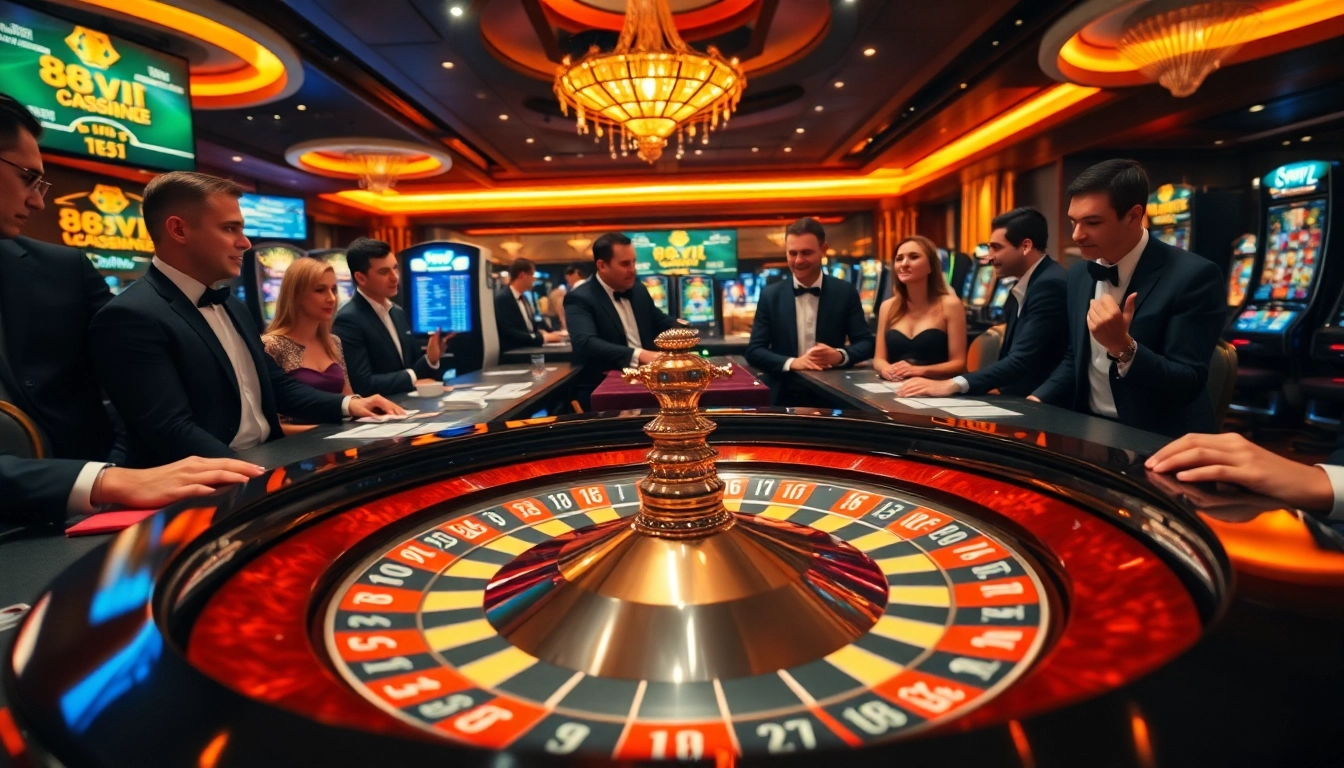 Exciting gambling scene featuring 68VIP roulette wheel and enthusiastic players in a luxurious casino.