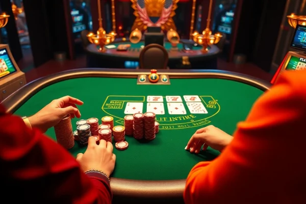 Exciting poker gameplay at rikvip.gb.net with stylish cards and vibrant chips on a dealer table.