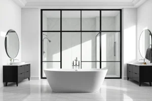 Enhance your bathroom with stylish black frame shower doors, showcasing elegance and modern design.
