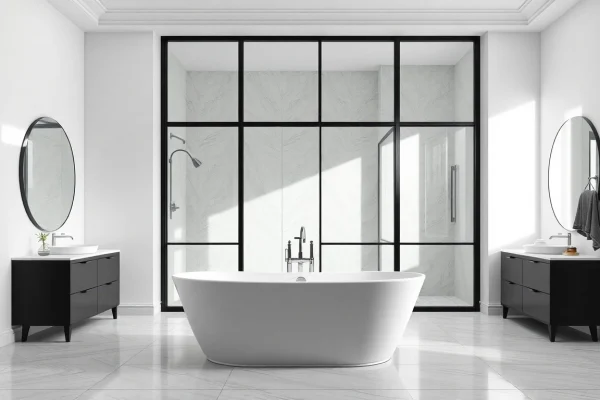 Enhance your bathroom with stylish black frame shower doors, showcasing elegance and modern design.