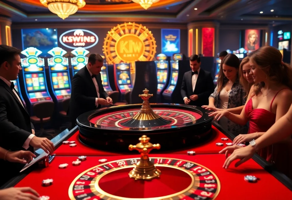 Kuwin players placing bets at a dazzling roulette table in an upscale casino atmosphere.