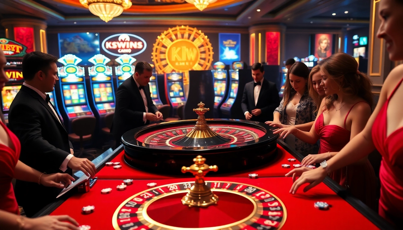 Kuwin players placing bets at a dazzling roulette table in an upscale casino atmosphere.