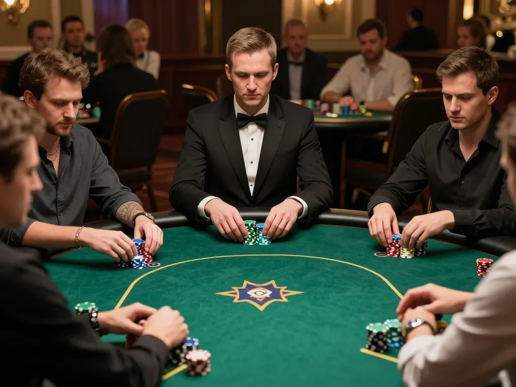 Dynamic poker game scene showcasing players at aa888 table with intense focus and strategy.
