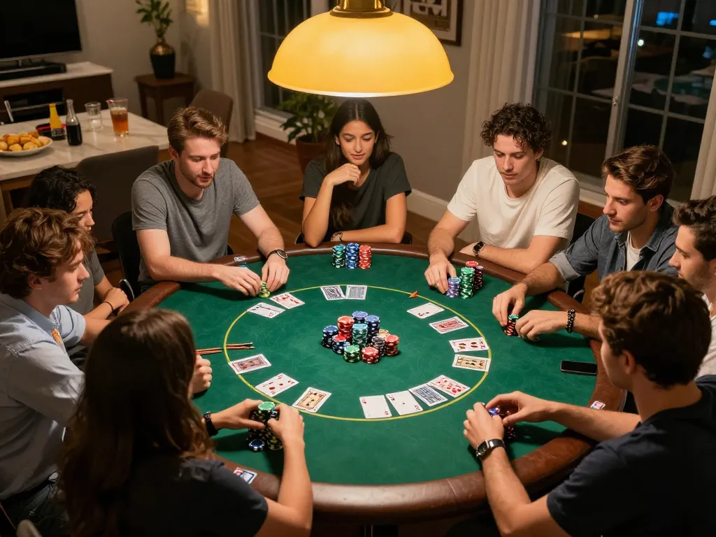 Friends enjoying a lively poker game at home while engaging with shbet casino strategies and bets.