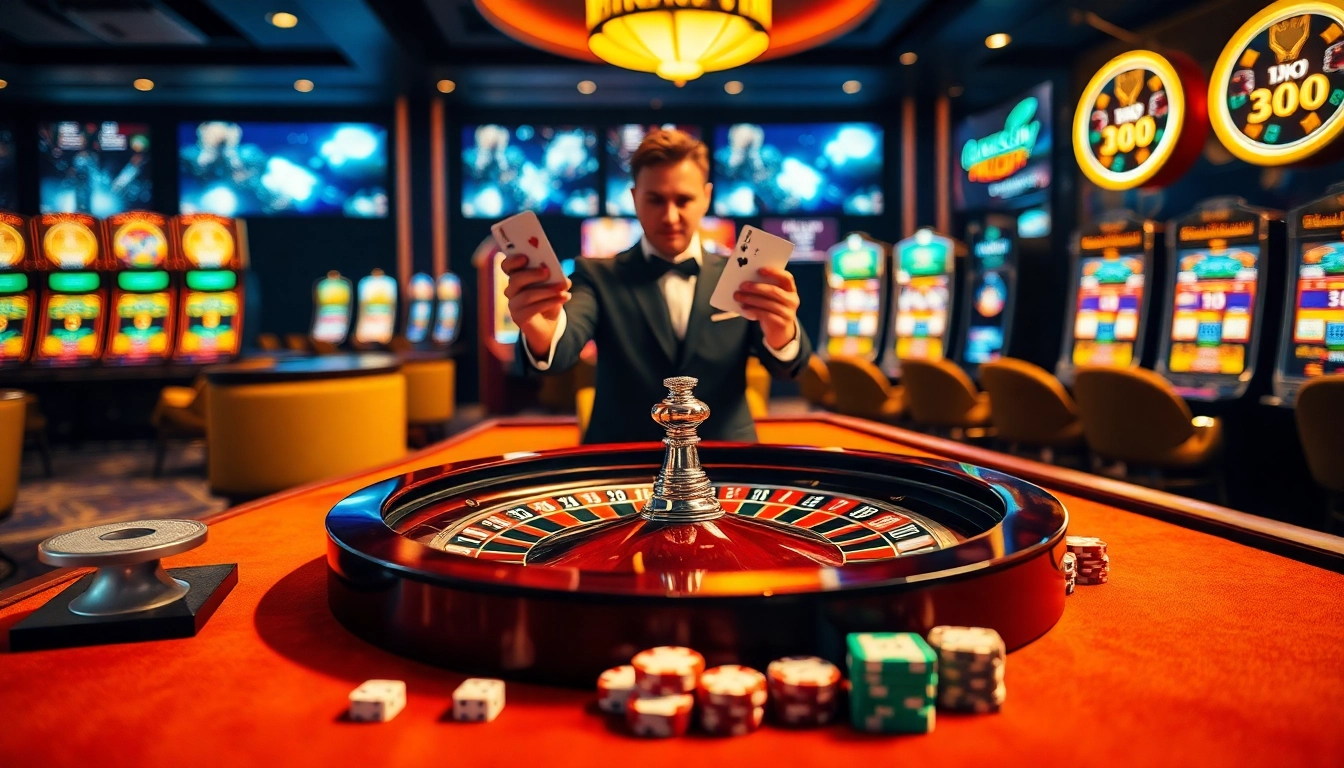 Experience thrilling gameplay at https://8day-vn.jpn.com/ with a vibrant casino scene featuring a roulette wheel and cards.