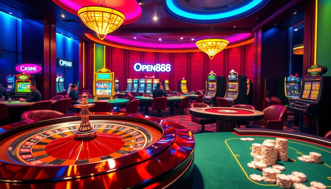 Experience the excitement of OPEN888 with vibrant casino tables and dynamic gameplay elements.