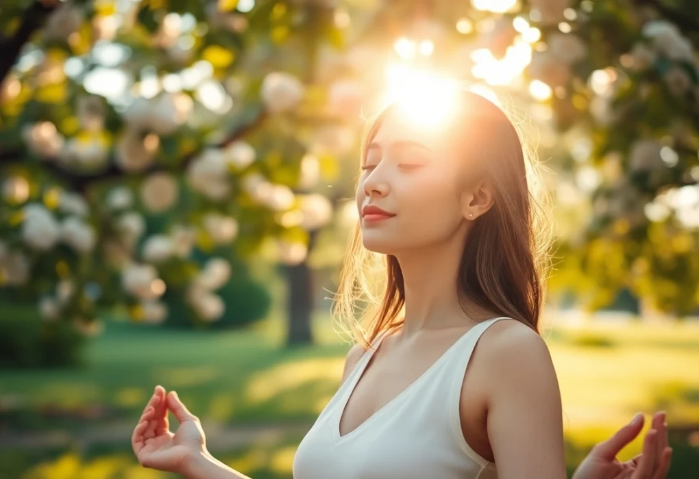 A woman practicing meditation in a natural setting, promoting mental wellness and tranquility.