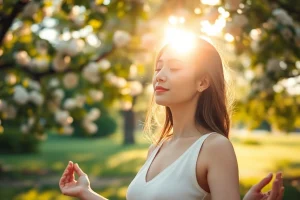 A woman practicing meditation in a natural setting, promoting mental wellness and tranquility.