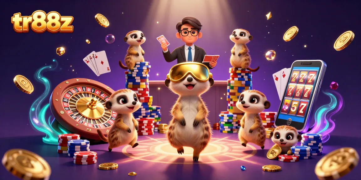 Engage with tr88z's thrilling casino scene featuring meerkats in action with scattered poker chips.