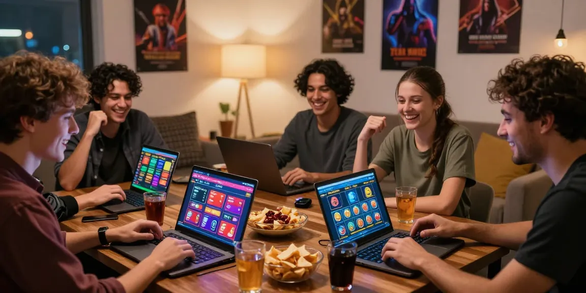 Exciting online gaming night with friends exploring credit card casinos at https://being-there.org.uk/, showcasing vibrant gameplay.