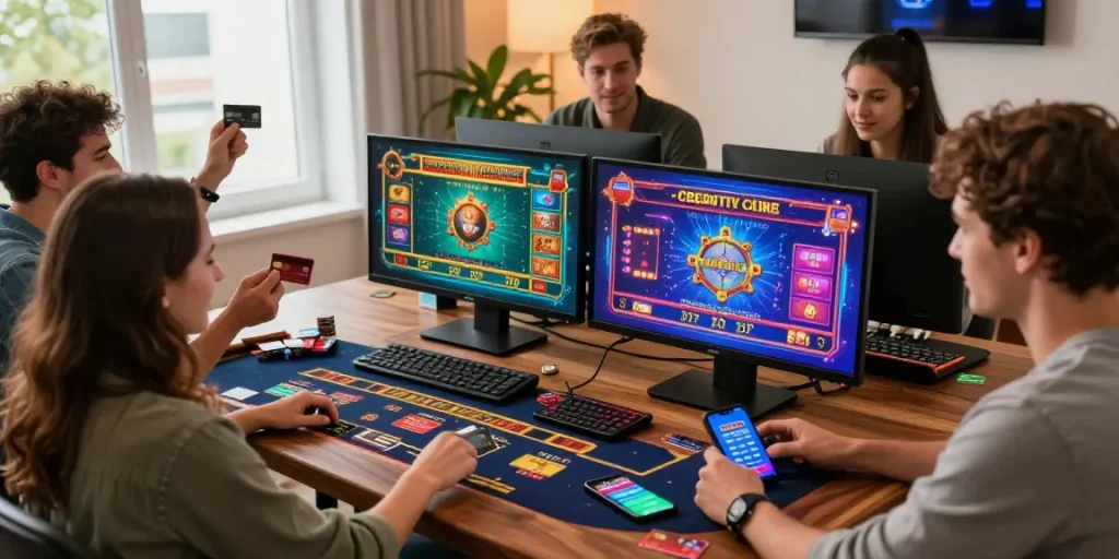 https://being-there.org.uk casino players enjoying games with credit cards at vibrant home setup