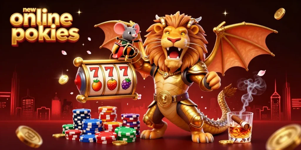 Engaging with new online pokies, a chimera celebrates a big win at a vibrant casino scene.