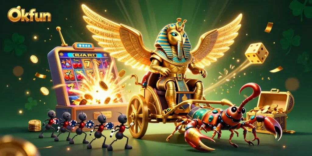 Engage with Okfun's thrilling casino fun, featuring a dynamic 3D scene of a golden scarab and scorpions.